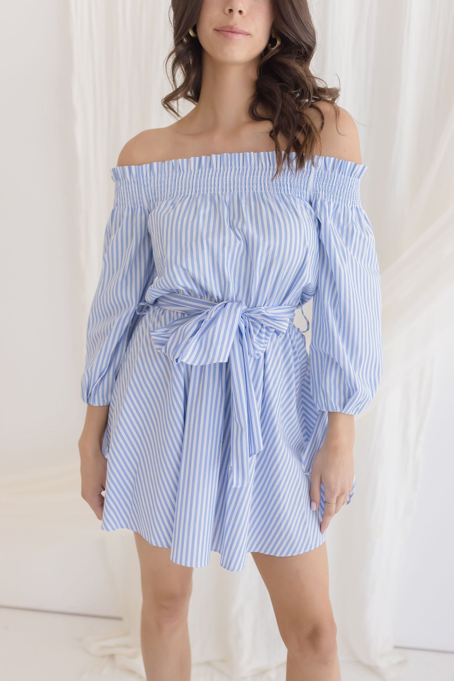 Marina Long Sleeve Off The Shoulder Stripe Print Mini Dress Blue