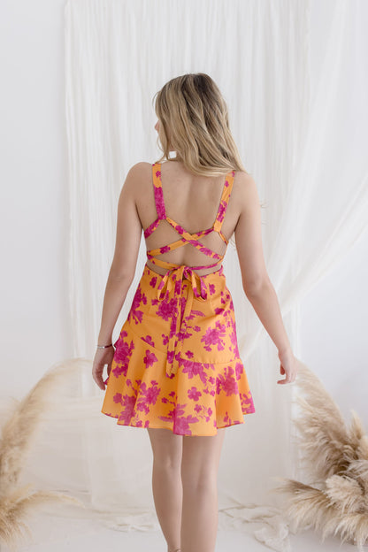 Aria Sleeveless Back Tie Floral Print Mini Dress Orange