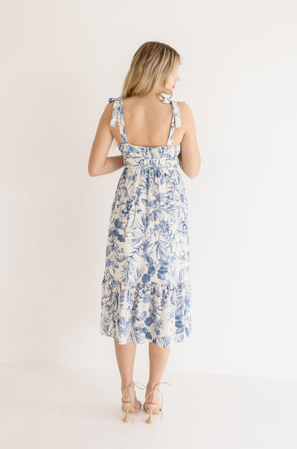 Leigh Sleeveless Shoulder Tie Floral Print Midi Dress Blue