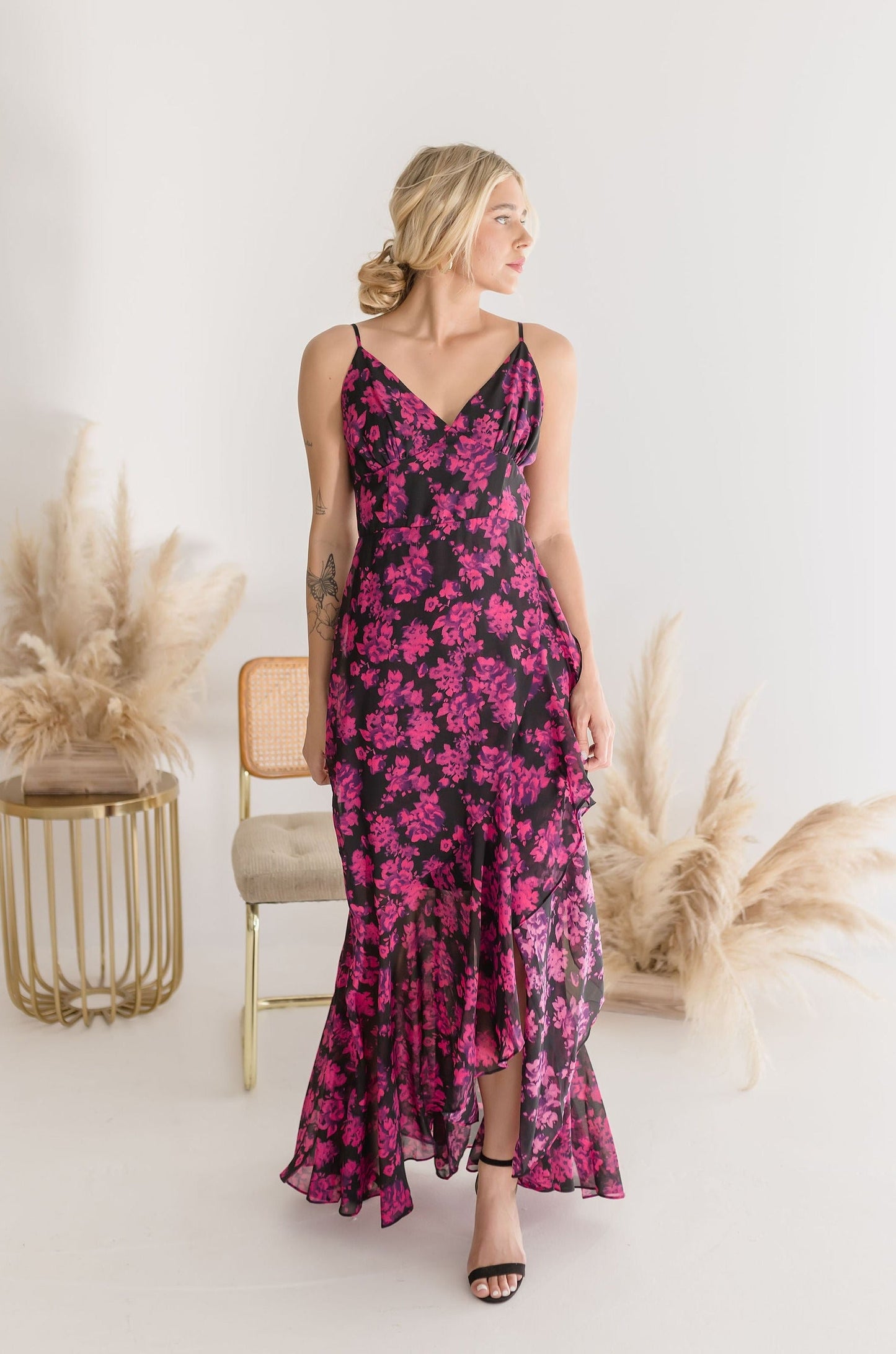 Toya Sleeveless Floral Print Maxi Dress Fuchsia