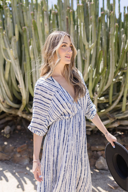 Charlene Kimono Sleeve Stripe Print Midi Dress Blue