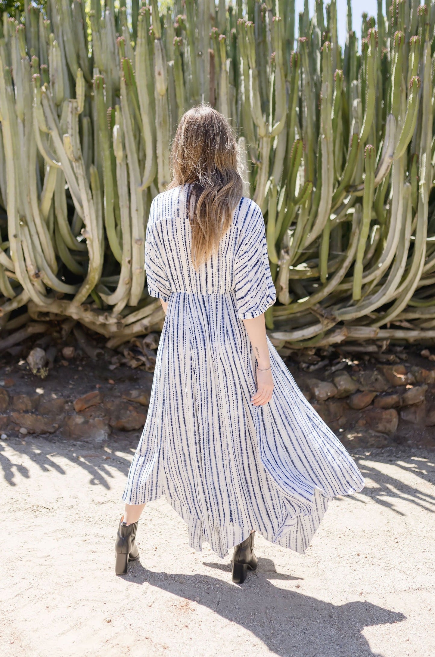 Charlene Kimono Sleeve Stripe Print Midi Dress Blue