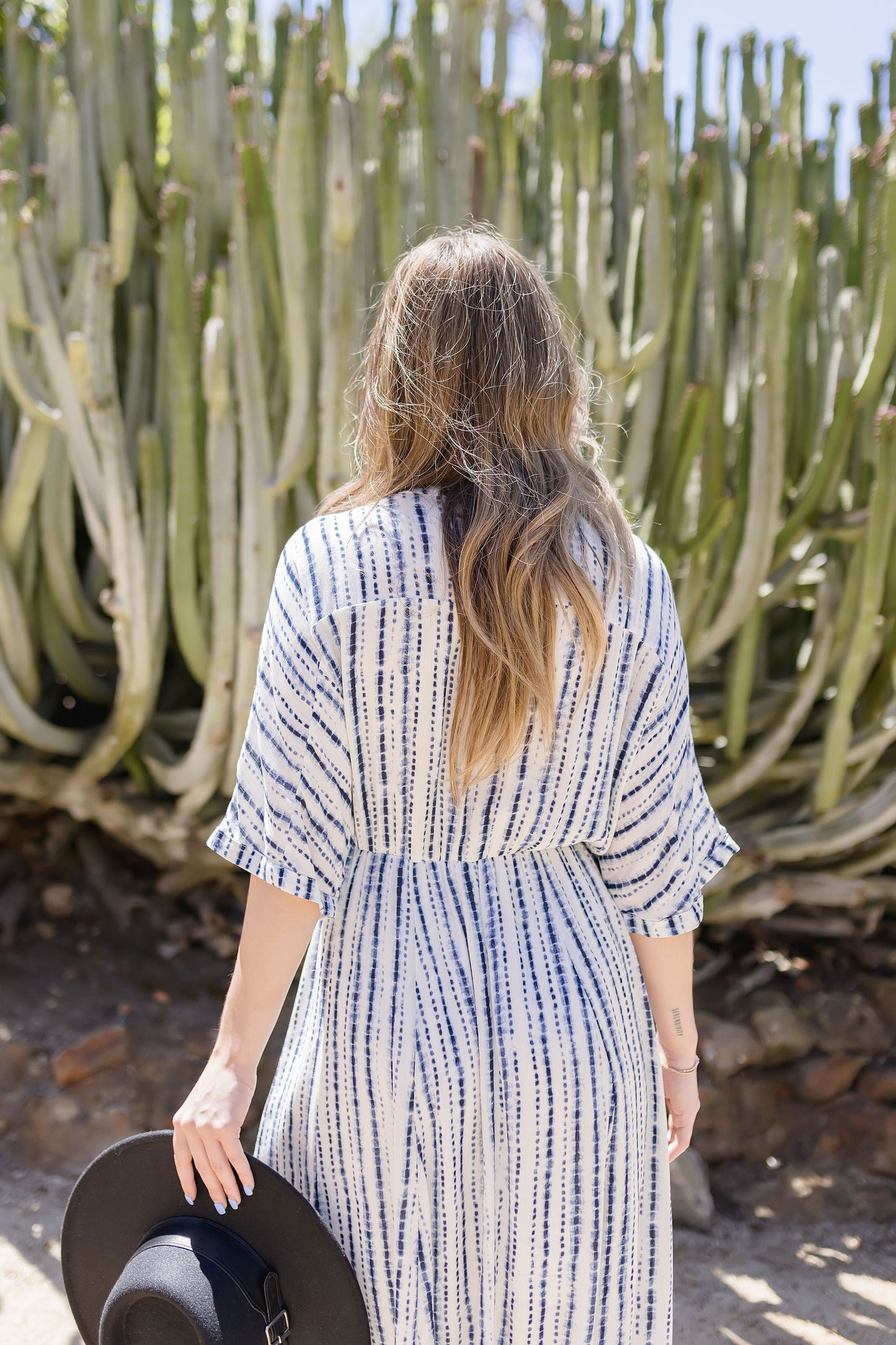 Charlene Kimono Sleeve Stripe Print Midi Dress Blue