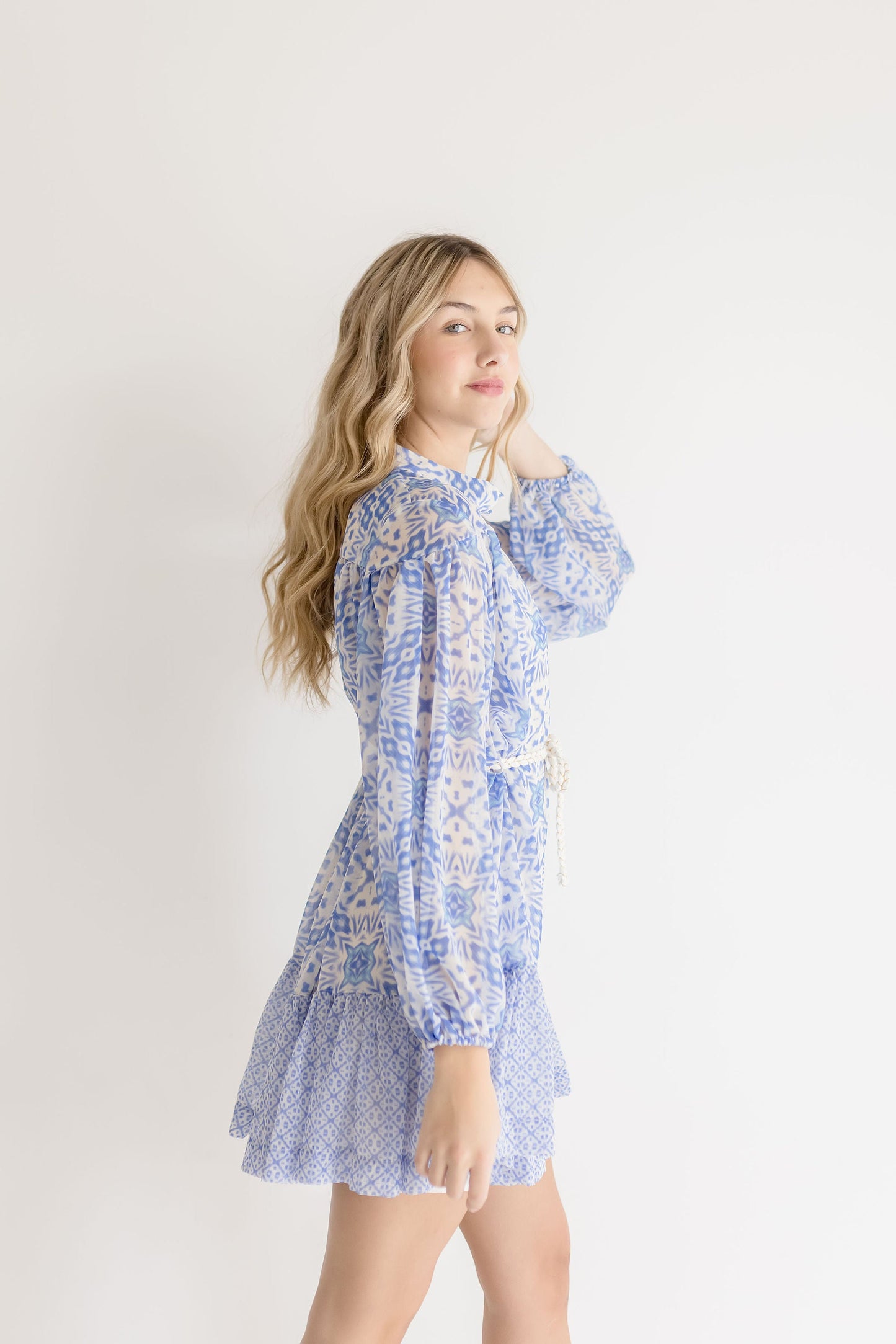 Alexa Long Sleeve Abstract Print Mini Dress Blue