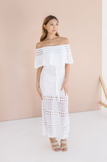 Florence Off The Shoulder Crochet Maxi Dress White