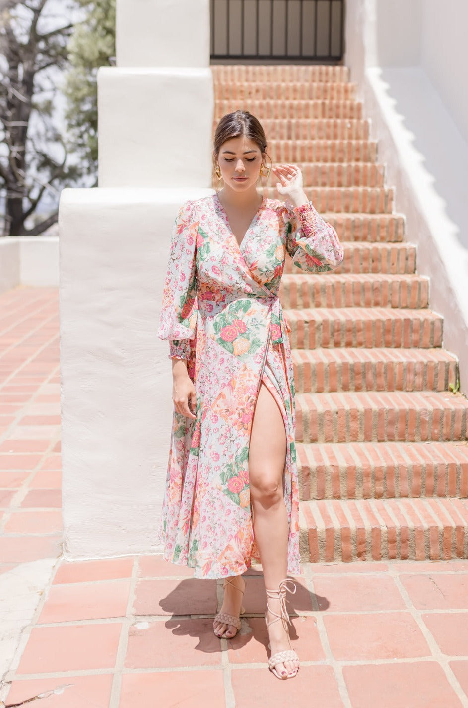 Sheena Long Sleeve Wrap Floral Print Midi Dress Blush