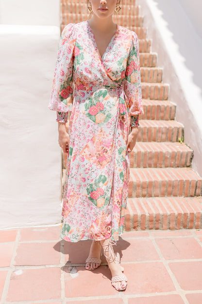 Sheena Long Sleeve Wrap Floral Print Midi Dress Blush