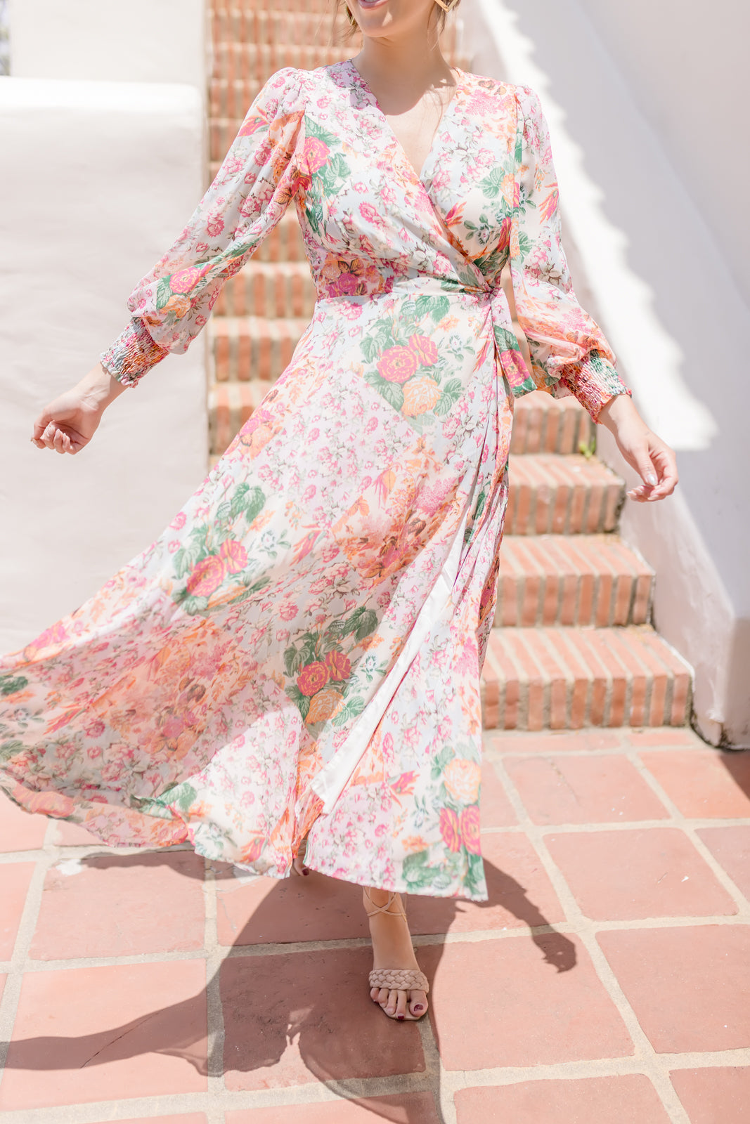 Sheena Long Sleeve Wrap Floral Print Midi Dress Blush