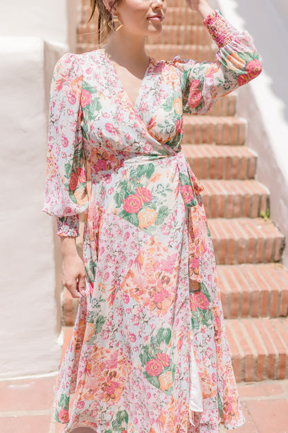 Sheena Long Sleeve Wrap Floral Print Midi Dress Blush