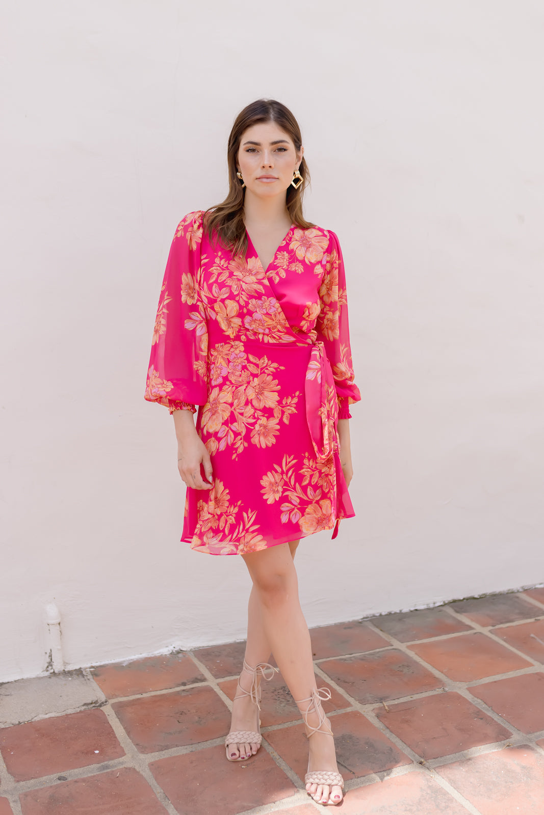 Debbie Long Sleeve Floral Print Wrap Mini Dress Fuchsia