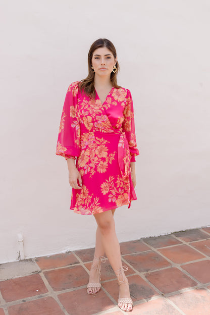 Debbie Long Sleeve Floral Print Wrap Mini Dress Fuchsia