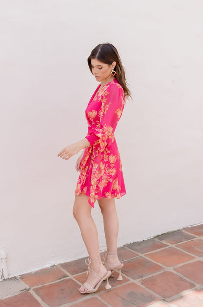 Debbie Long Sleeve Floral Print Wrap Mini Dress Fuchsia