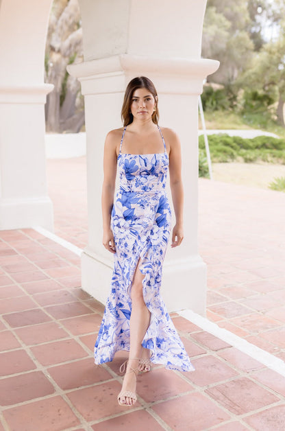 Sami Sleeveless Back Tie Floral Print Maxi Dress Blue