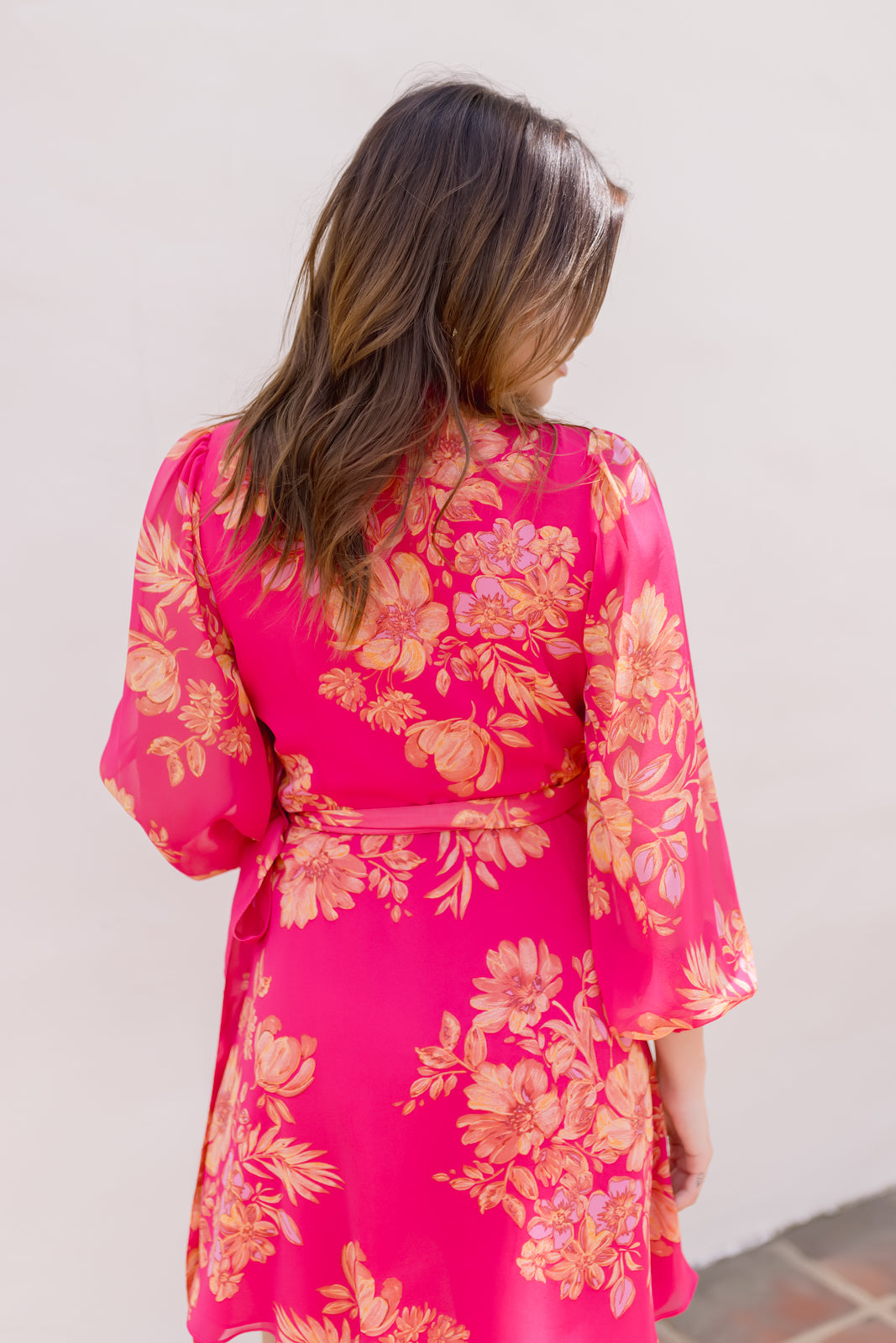 Debbie Long Sleeve Floral Print Wrap Mini Dress Fuchsia