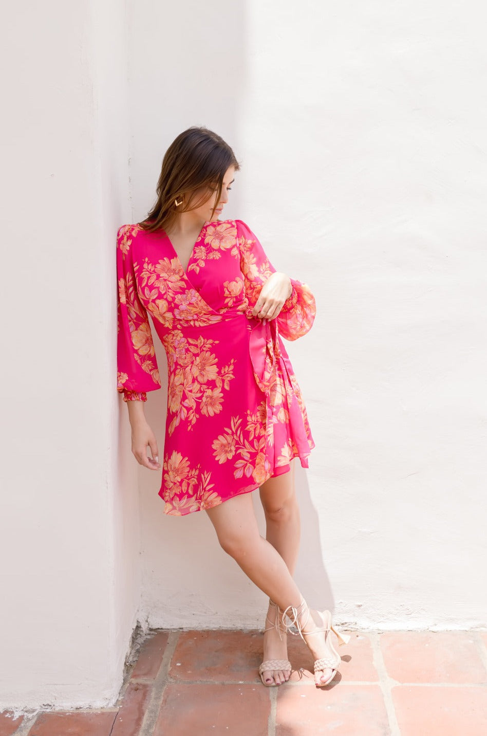 Debbie Long Sleeve Floral Print Wrap Mini Dress Fuchsia