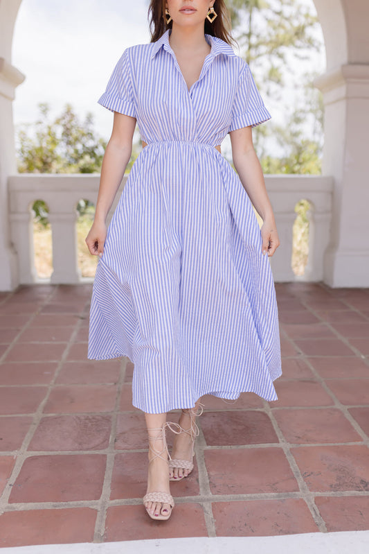 Caelin Short Sleeve Cut Out Stripe Print Midi Dress Blue