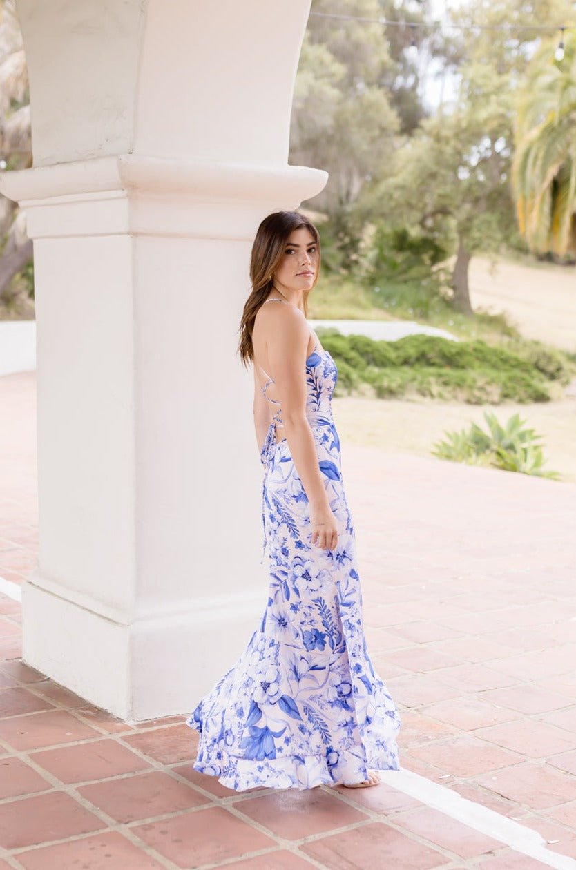 Sami Sleeveless Back Tie Floral Print Maxi Dress Blue