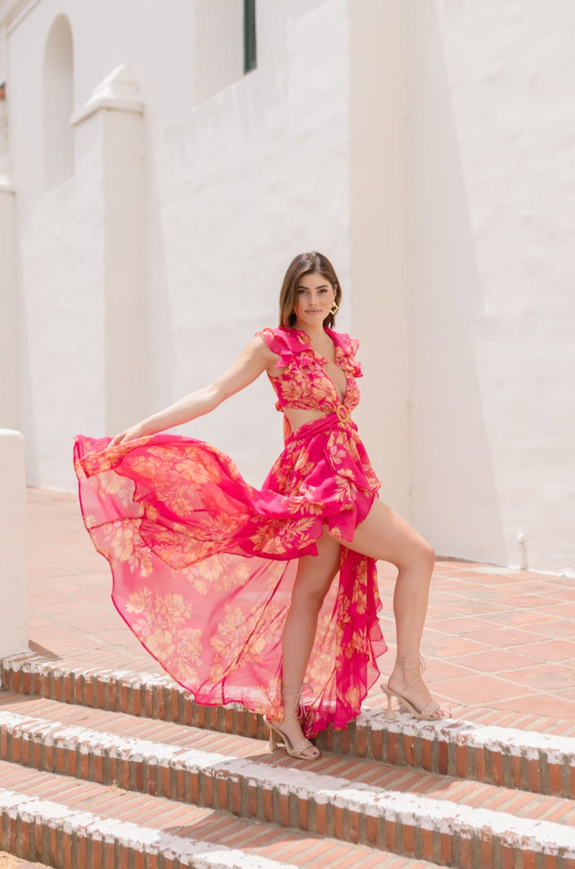 Rory Ruffle Sleeve Cut Out Floral Print Maxi Dress Fuchsia