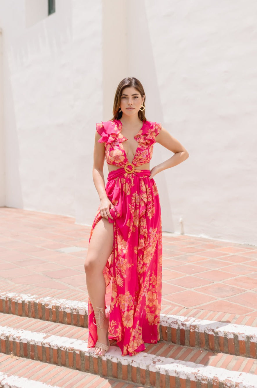 Rory Ruffle Sleeve Cut Out Floral Print Maxi Dress Fuchsia