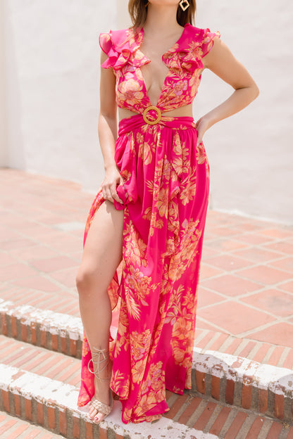 Rory Ruffle Sleeve Cut Out Floral Print Maxi Dress Fuchsia