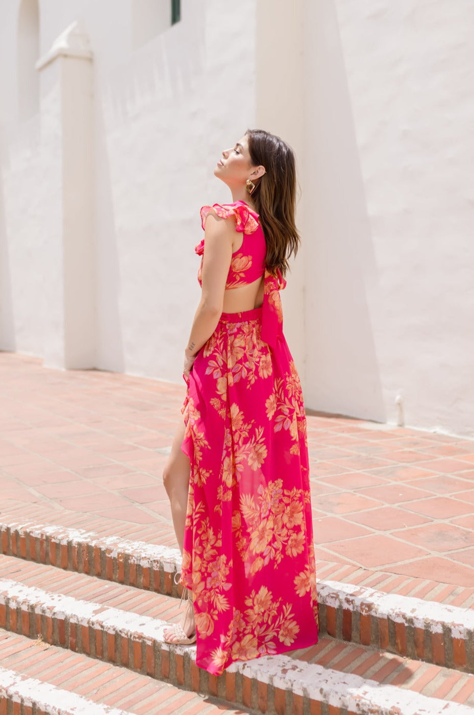 Rory Ruffle Sleeve Cut Out Floral Print Maxi Dress Fuchsia