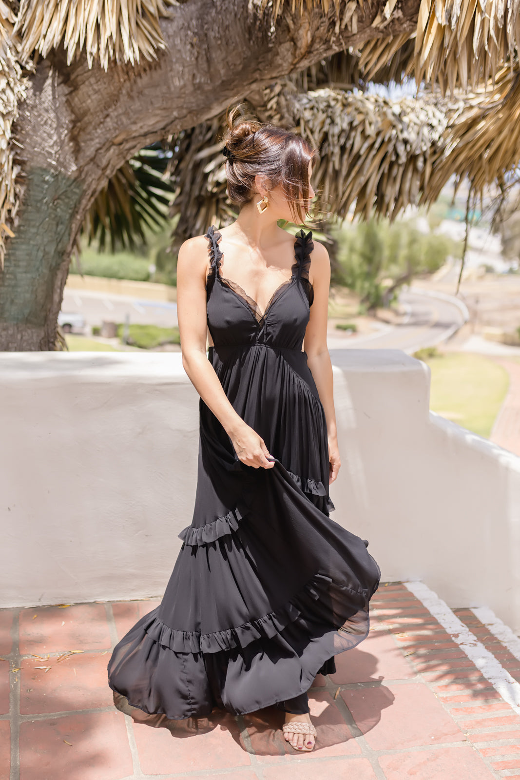 Veda Sleeveless Ruffle Cut Out Maxi Dress Black