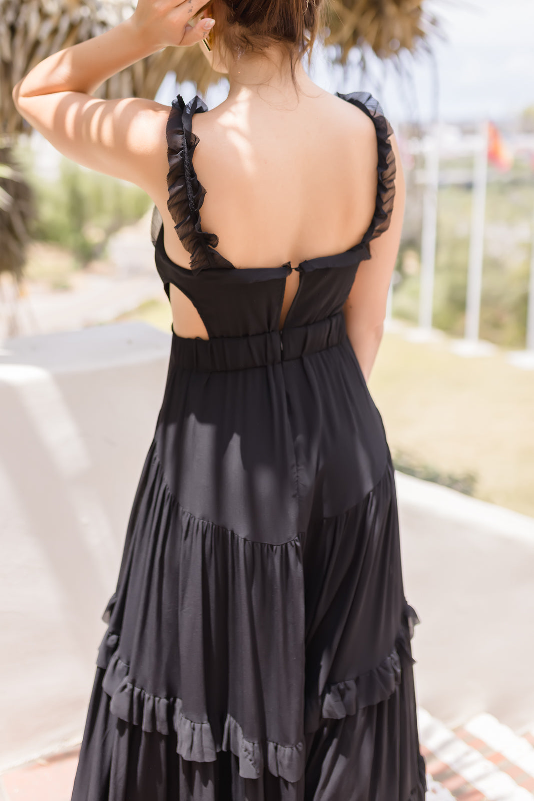 Veda Sleeveless Ruffle Cut Out Maxi Dress Black