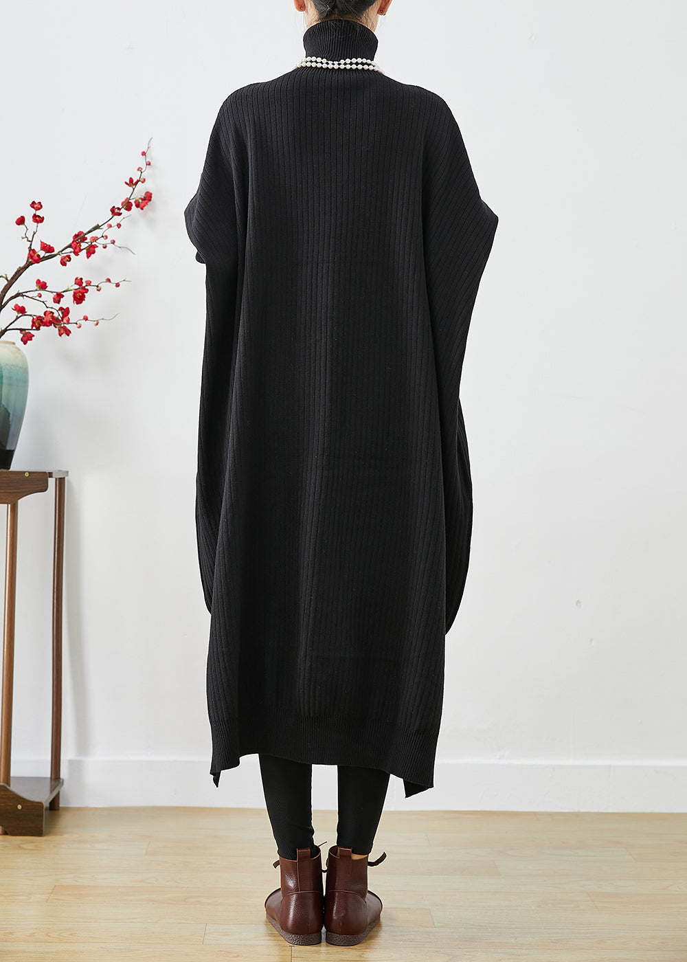 Modern Black Oversized Low High Design Knit Sweater Dress Batwing Sleeve