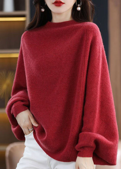 Modern Red O-Neck Oversized Wool Knit Sweater Tops Batwing Sleeve