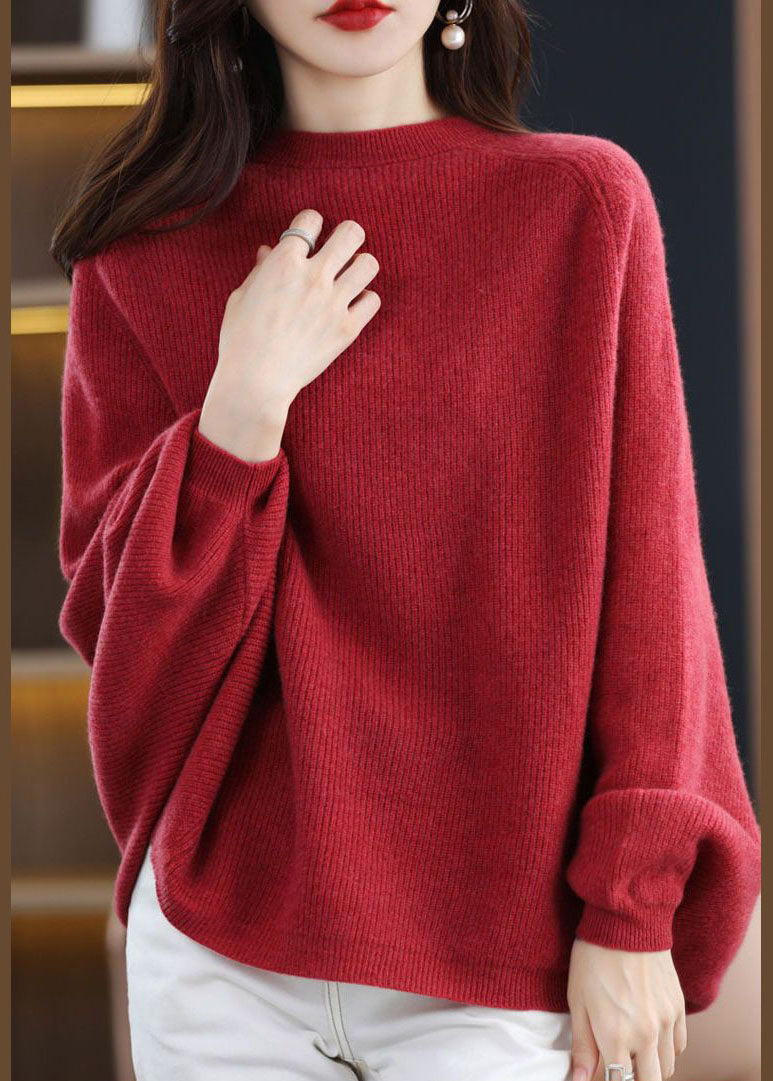 Modern Red O-Neck Oversized Wool Knit Sweater Tops Batwing Sleeve