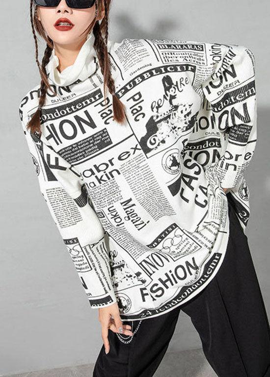 Modern White Turtle Neck Print Knit Shirt Spring