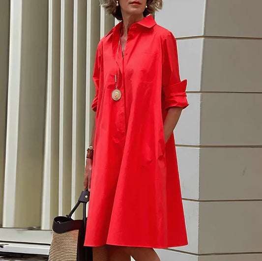 Modern shirt dress with turn-down collar and three-quarter sleeves