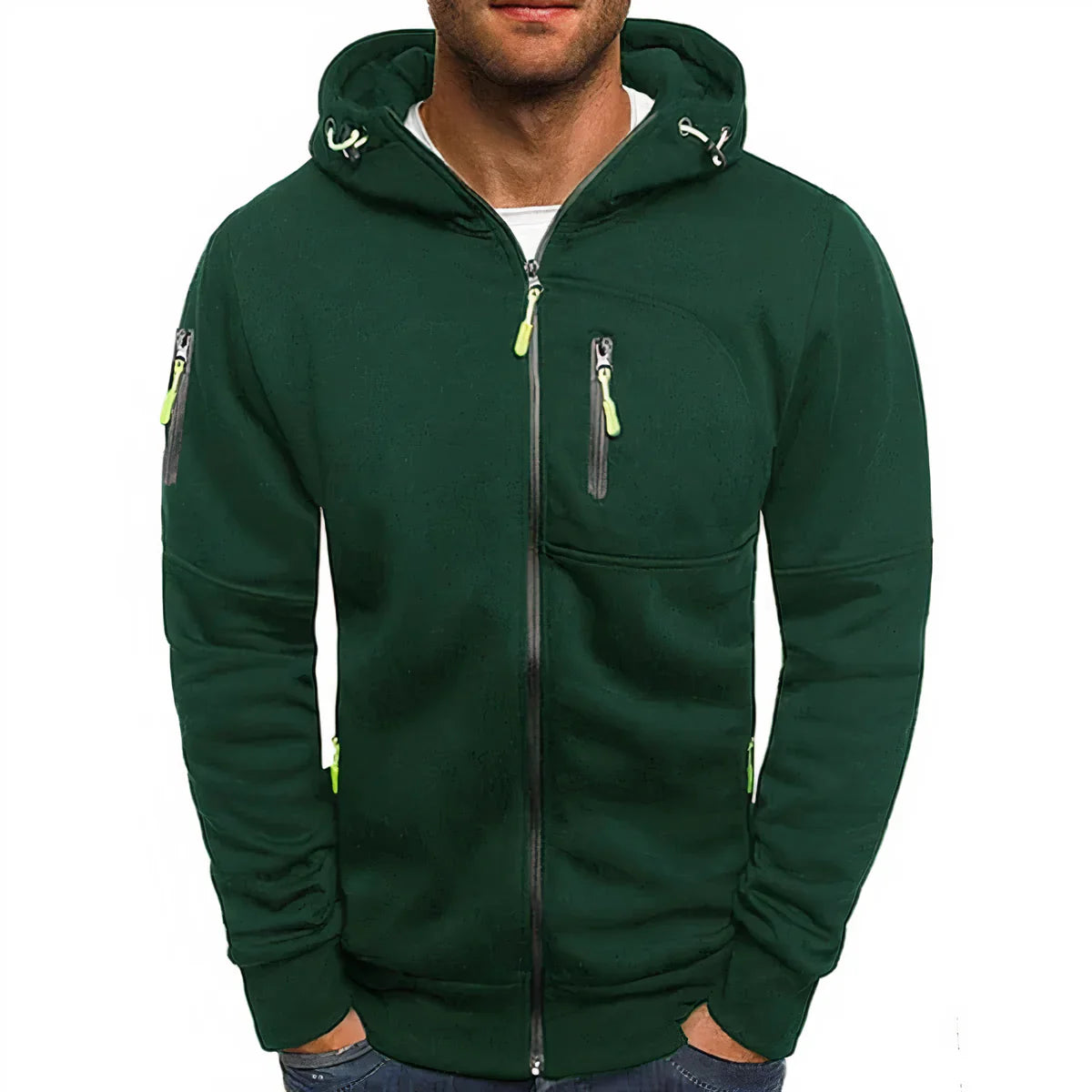 Men's jacket with hood, long sleeves, and zipper