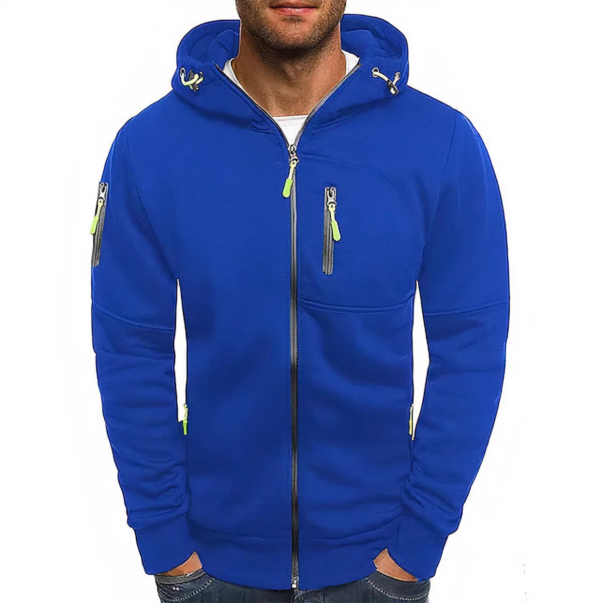 Men's jacket with hood, long sleeves, and zipper