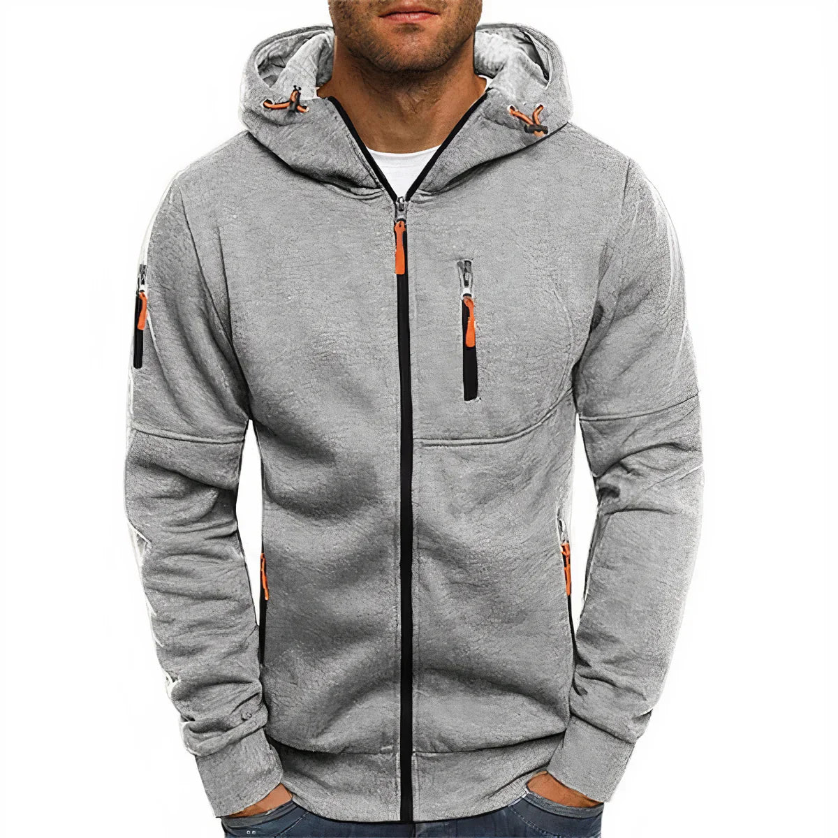 Men's jacket with hood, long sleeves, and zipper