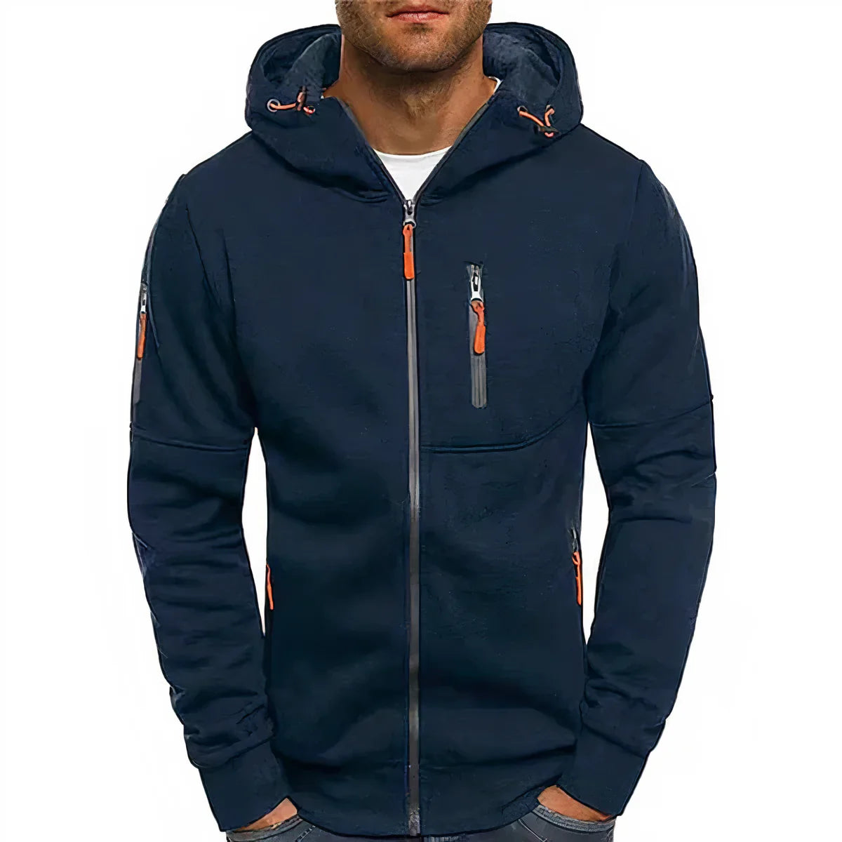 Men's jacket with hood, long sleeves, and zipper