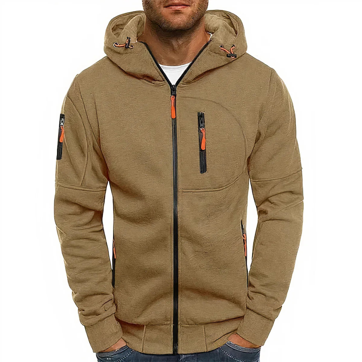 Men's jacket with hood, long sleeves, and zipper