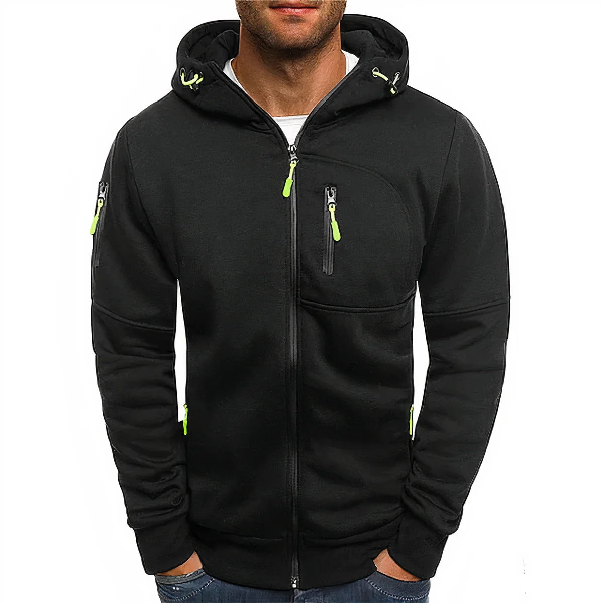 Men's jacket with hood, long sleeves, and zipper