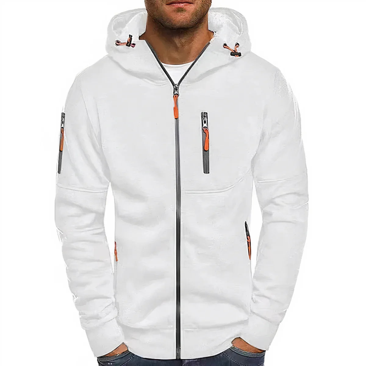 Men's jacket with hood, long sleeves, and zipper