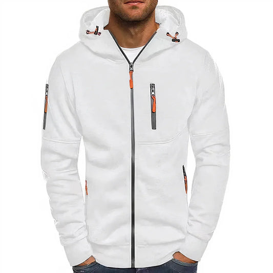 Men's jacket with hood, long sleeves, and zipper