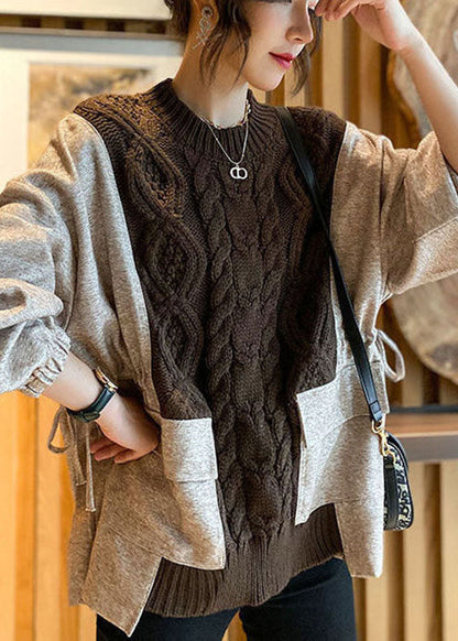 Natural Chocolate Patchwork Pockets Cinched Thick Fall Knit Sweater