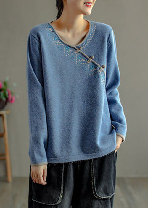 Natural Light Blue Embroidered Oriental Button Wool Knitted Tops Winter