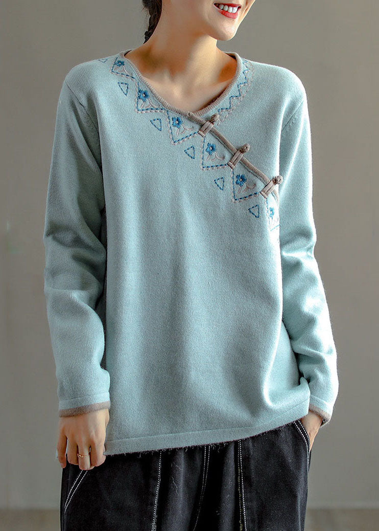 Natural Light Blue Embroidered Oriental Button Wool Knitted Tops Winter