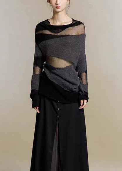 New Black Turtleneck Tulle Patchwork Thin Knit Sweaters Fall