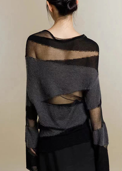 New Black Turtleneck Tulle Patchwork Thin Knit Sweaters Fall