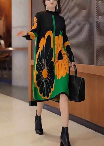 New Patchwork Turtleneck Print Patchwork Knit Long Sweater Dress Fall