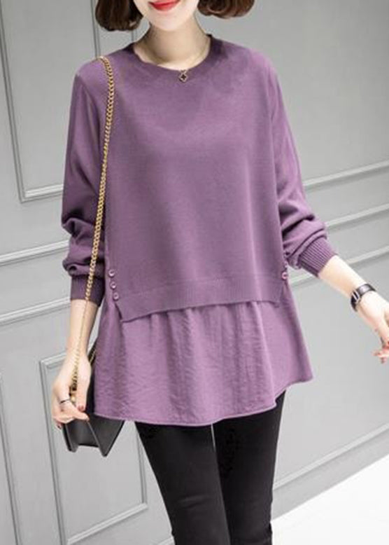 Organic Purple O-Neck Patchwork Thick Knit Sweater Fall