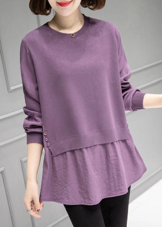 Organic Purple O-Neck Patchwork Thick Knit Sweater Fall