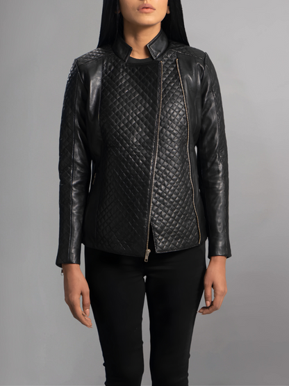 Orient Grain Quilted Black Leather Biker Jacket