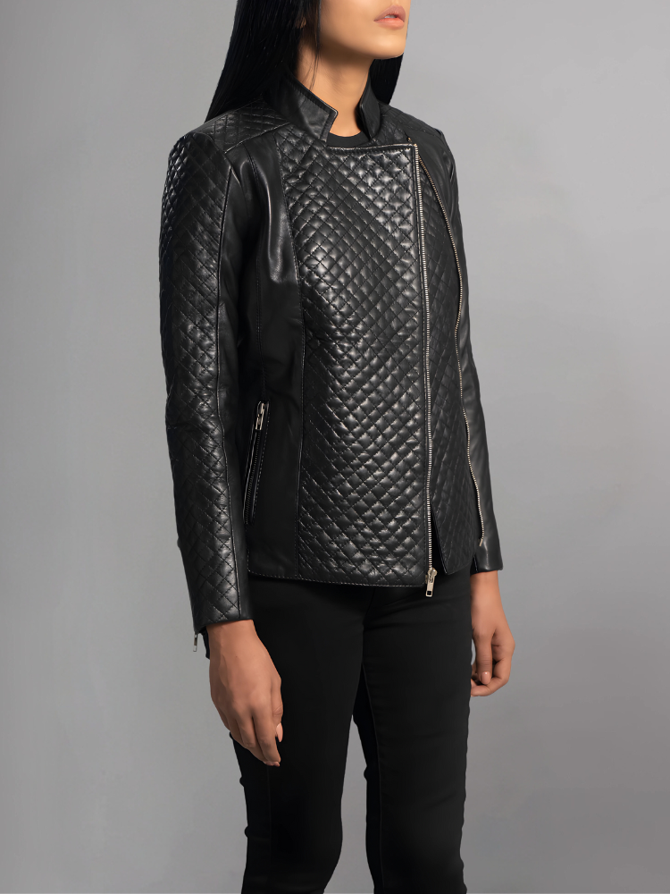 Orient Grain Quilted Black Leather Biker Jacket